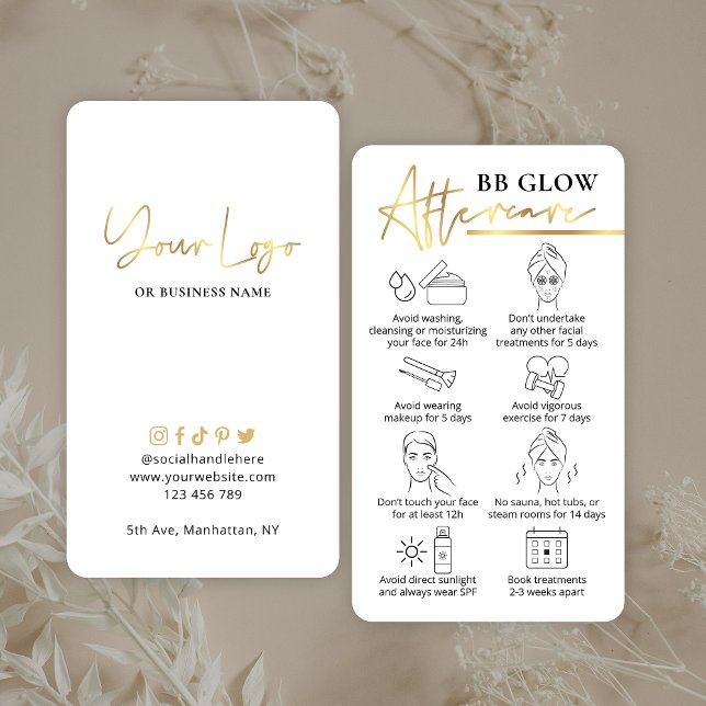 BB Glow Facial After Care Guide White & Gold PMU Business Card (Elegant BB Glow Facial aftercare cards with faux gold effects & space for your logo)