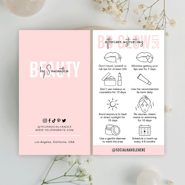 BB Glow Lips After Care Instructions Pink Salon Business Card (Feminine BB Glow Lips Aftercare Instructions cards with icons and fully editable text and colors)