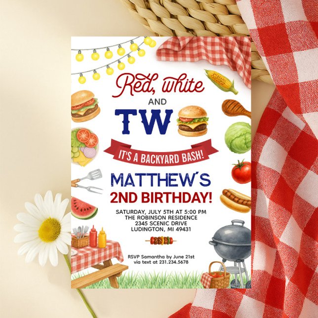 BBQ 2ème anniversaire Invitation Summer Grill Anni (Red, White and Two 4th of July BBQ 2nd Birthday Invitation Summer Grill Birthday
)