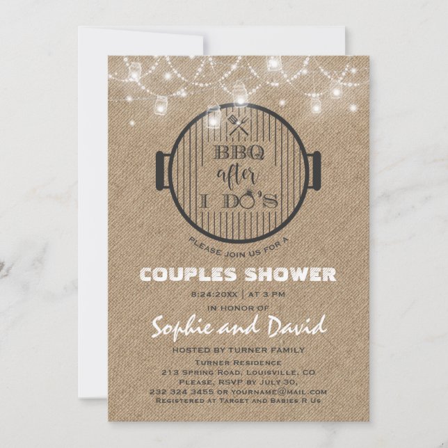 BBQ after I DO'S Burlap String Lights Grill Invitation (Front)