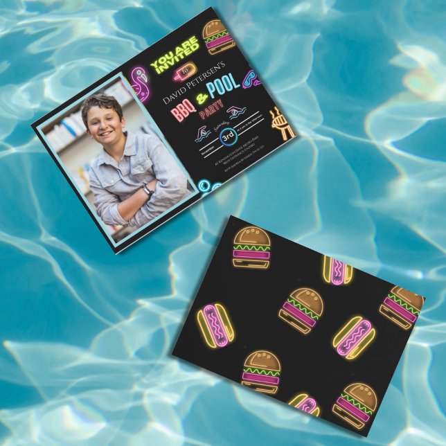 BBQ and Pool Party Neon Photo Birthday Invitation (Créateur téléchargé)