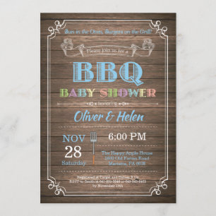 BBQ Baby Shower Invitation Rustic Wood Blue