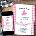 BBQ Baby Shower Rustic Vintage Pink Plaid Invitation<br><div class="desc">BBQ Baby Shower Invitation in pink, navy blue and white - perfect for an outdoor picnic, backyard barbecue, couples shower .. This charming rustic design has vintage lettering and traditional plaid in pink and white with bbq theme design elements. The title reads Bibs & Ribs, which you are welcome to...</div>