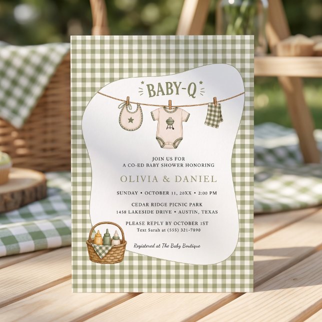 Bbq Baby Shower Sage Gingham Rustic Custom Invitation (Bbq Baby Shower Sage Gingham Rustic Custom Invitation)