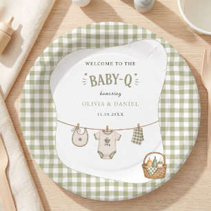 Bbq Baby Shower Sage Gingham Rustic Custom Paper Plate