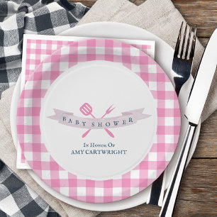 BBQ Baby Shower Vintage Typography Pink Navy Blue Paper Plate