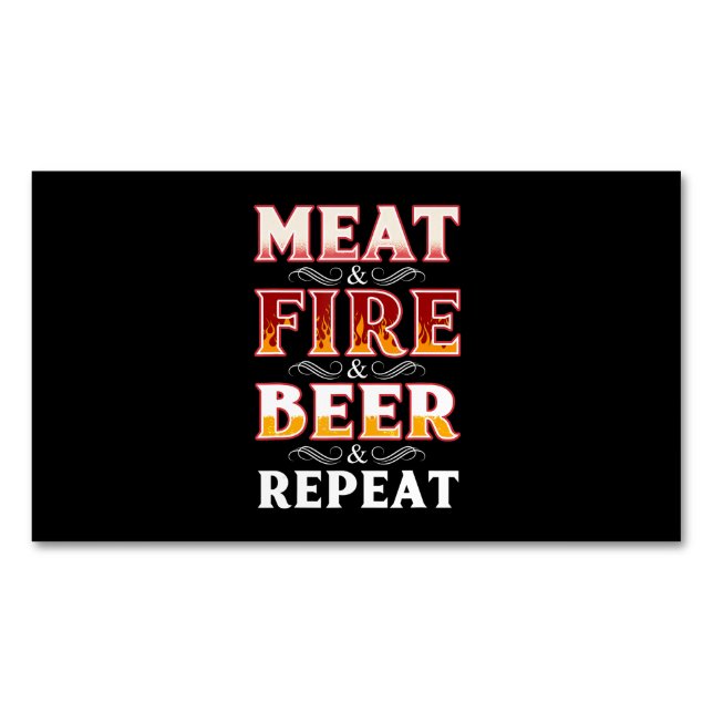BBQ | BBQ Grill Smoking Meat Fire Beer Repeat Magnetic Business Card (Front)