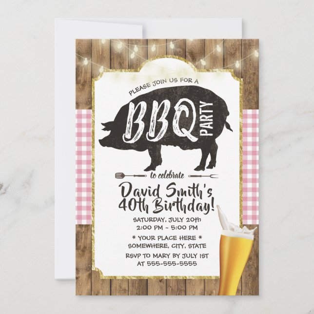 BBQ & Beer Pink Plaid String Lights Birthday Party Invitation (Front)
