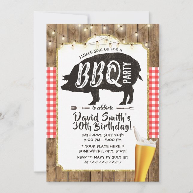 BBQ & Beer Rustic String Lights Birthday Party Invitation (Front)