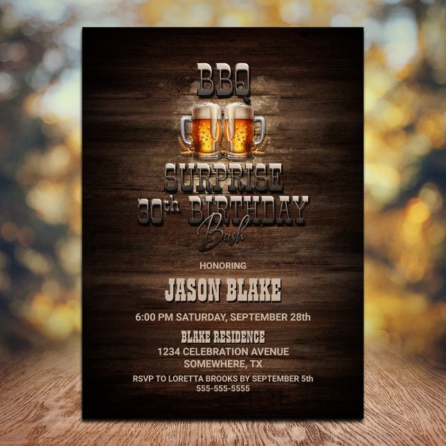 BBQ Beers Wood Surprise 30th Birthday Party Invitation (Creator Uploaded)