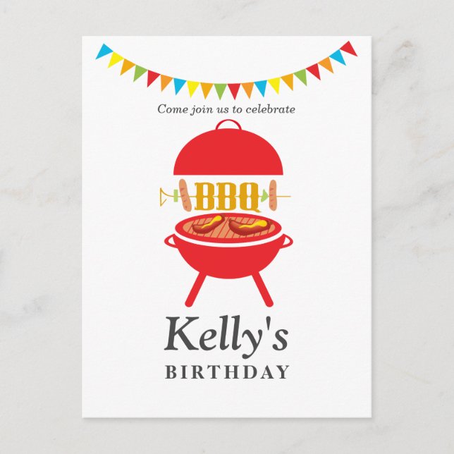 bbq birthday party, barbecue, bbq grill, invitation postcard (Front)
