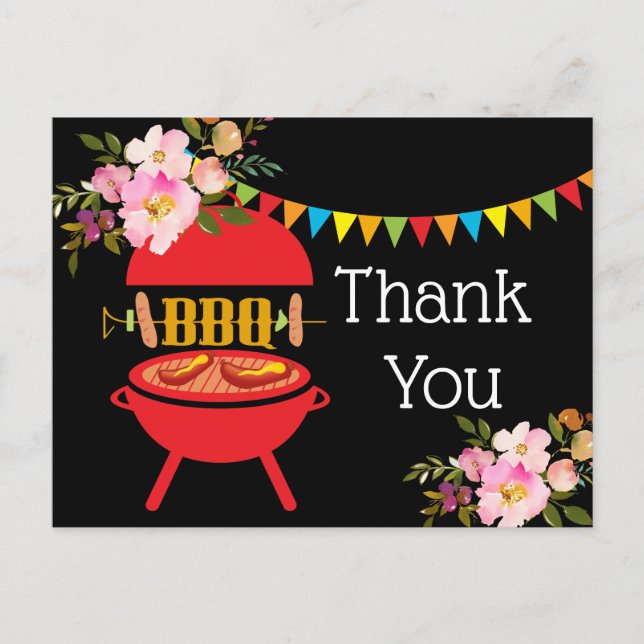 bbq birthday party, barbecue, bbq grill, thank you invitation postcard (Front)
