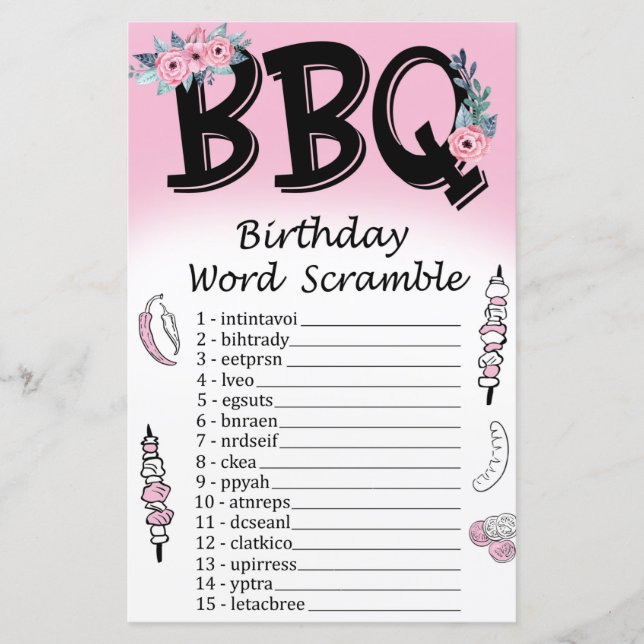 BBQ Birthday Word Scramble Game (Front)