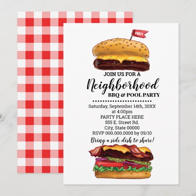 BBQ Block Party Hamburger Neighbourhood Summer Bas Invitation (Front/Back)