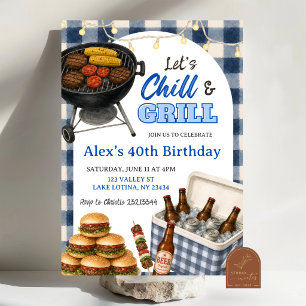 BBQ Blue Gingham Grill and Chill Birthday Invitation