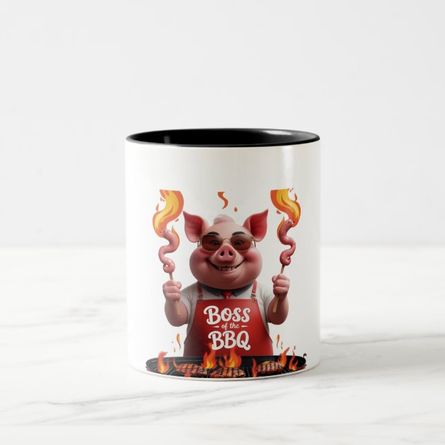 BBQ Boss – Pig Dad Funny Grilling Two-Tone Coffee Mug (Center)