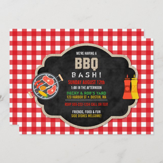 BBQ Chalkboard Red Chequered Burlap Country Cute Invitation (Front/Back)