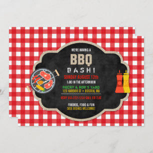 BBQ Chalkboard Red Chequered Burlap Country Cute Invitation
