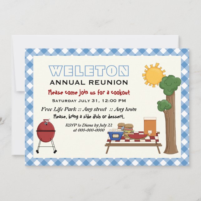 BBQ cookout family reunion, blue gingham border Invitation (Front)