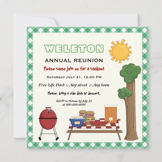 BBQ cookout family reunion, green gingham border Invitation (Front)