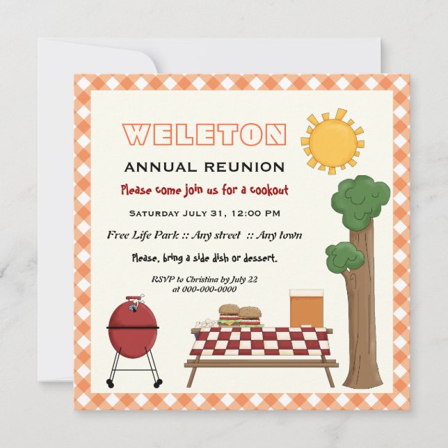BBQ cookout family reunion, orange gingham border Invitation (Front)