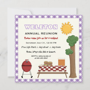 BBQ cookout family reunion, purple gingham border Invitation