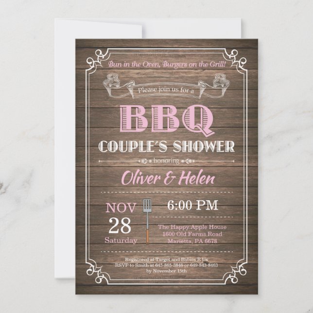 BBQ Couples Douche Invitation Bois Rustique Rose (Devant)