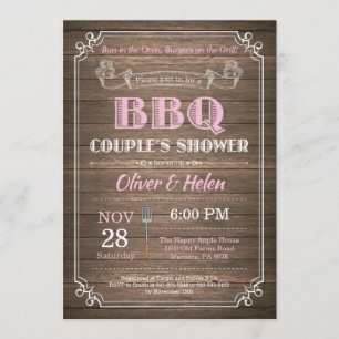 BBQ Couples Douche Invitation Bois Rustique Rose