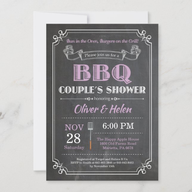 BBQ Couples Shower Invitation Chalkboard Purple (Front)