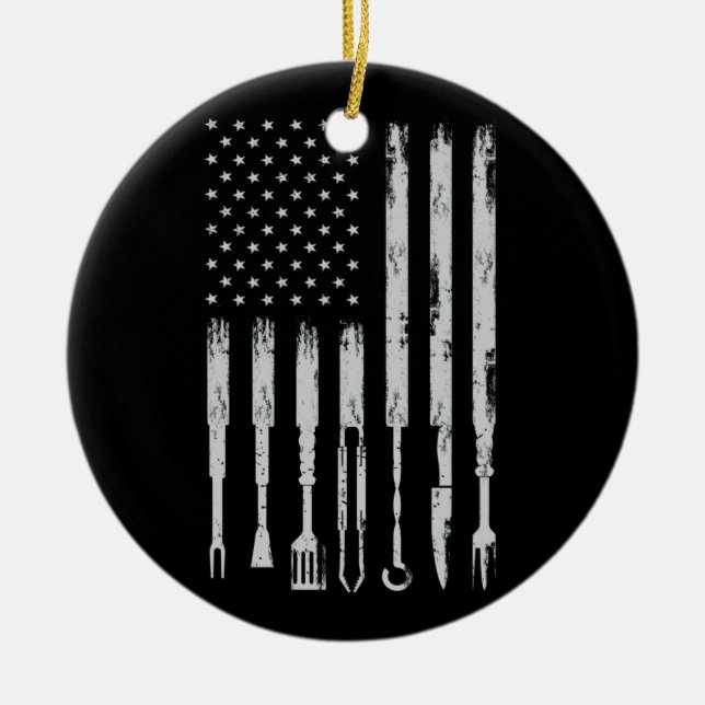 BBQ Design Smoking Barbecue USA Flag Ceramic Ornament (Front)