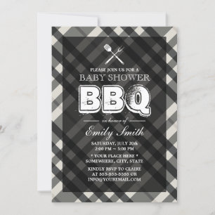 BBQ Elegant Grey Plaid Baby Shower Invitation