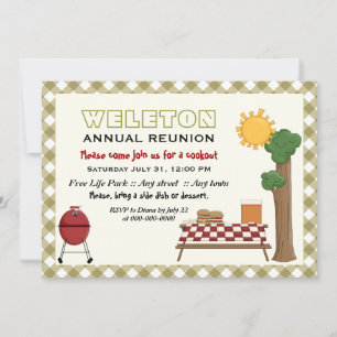BBQ family reunion, olive green gingham border Invitation