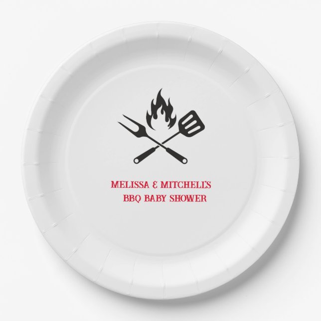 BBQ fork spoon outdoor couples baby shower Paper Plate (Front)