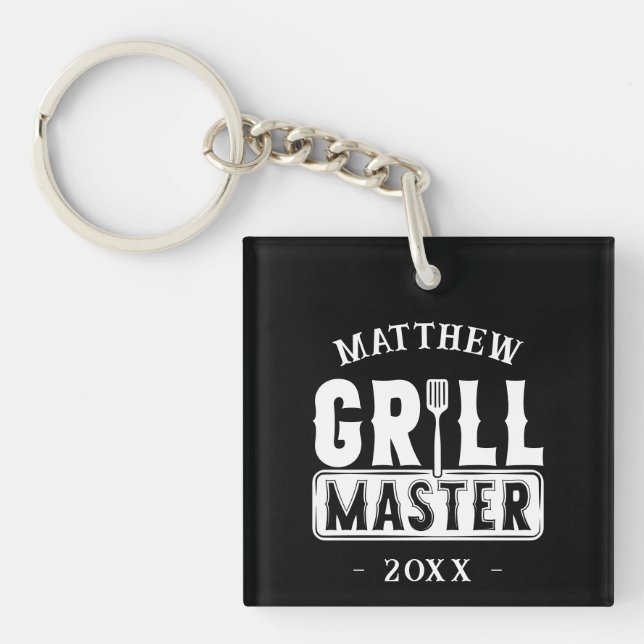  BBQ Grill Master Personalized Best Dad Father's   Keychain (Front)
