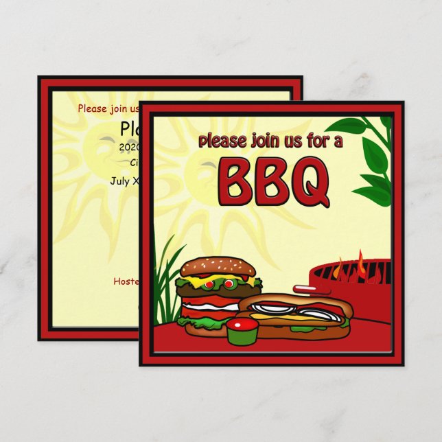BBQ Grill Pique-nique Hamburger Hotdog Invitation (Devant / Derrière)