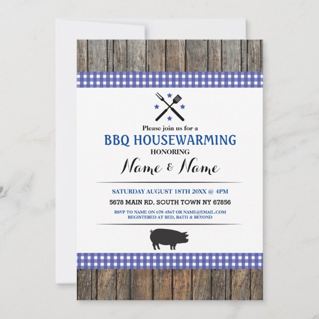BBQ Housewarming Rustic Blue Hog Roast Wood Invite (Front)