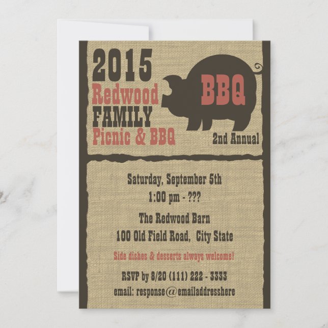 BBQ or Pig Roast Rustic Burlap Invitation (Front)