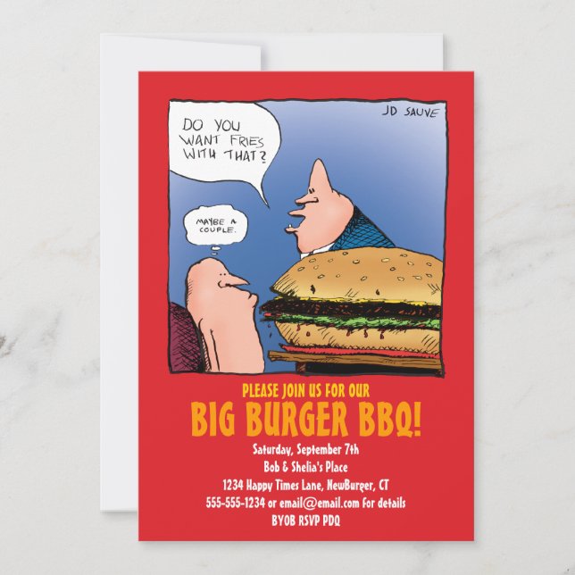 BBQ Party Invitation with Funny Burger Cartoon (Front)