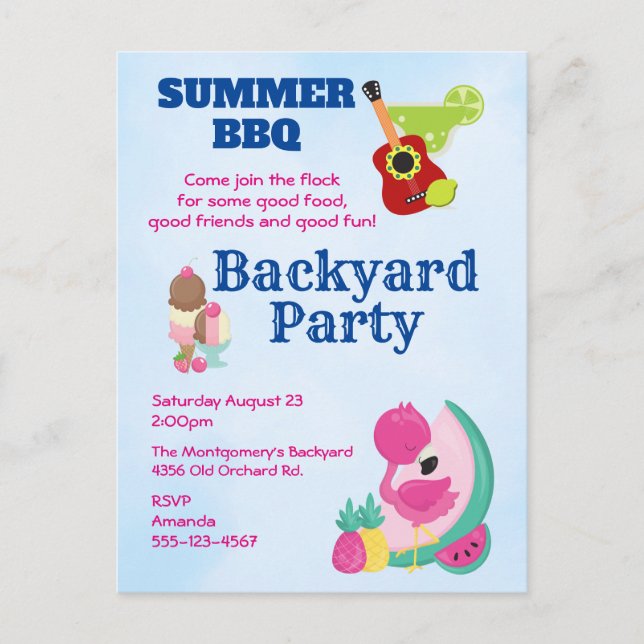 BBQ Party Invite Flamingo, Margarita & ice Cream (Front)