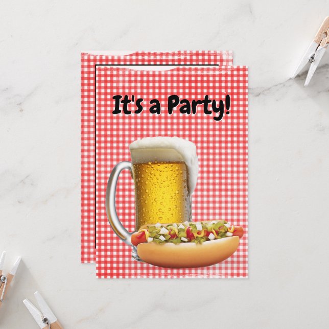 BBQ Party Invite On Gingham (Front/Back In Situ)