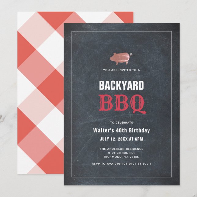 BBQ Pig Roast Chalkboard Red Adult Birthday Invitation (Front/Back)