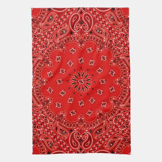 BBQ Red Paisley Western Bandana Scarf Print Kitchen Towel (Vertical)