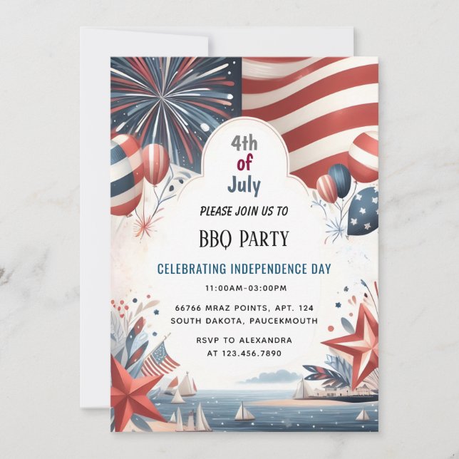 Bbq Red White Blue Usa Flag 4th of July Party Invitation (Front)