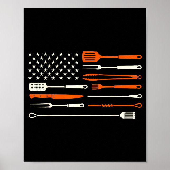 Bbq smoker barbecue chef grilling tools usa flag poster (Front)