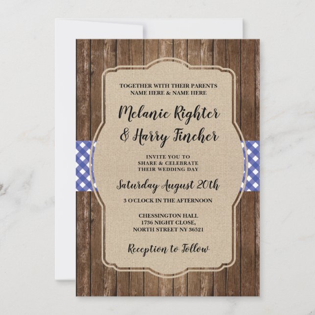BBQ Wedding Invite Blue Gingham Chalk Burlap (Front)