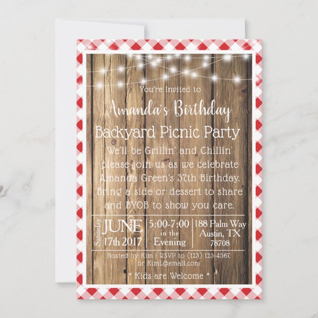 BBQ Wood Rustic Red Gingham Picnic Birthday Party Invitation (Front)