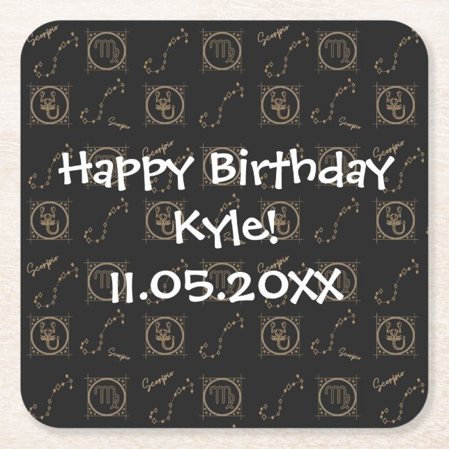 Bday Black Gold Zodiac Scorpio Astrology Star Sign Square Paper Coaster (Front)