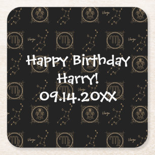 Bday Black & Gold Zodiac Virgo Astrology Star Sign Square Paper Coaster