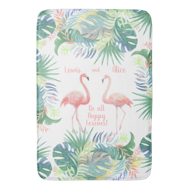 Be all Happy Forever! Fairy Tale Two Pink Flamingo Bath Mat (Front Vertical)
