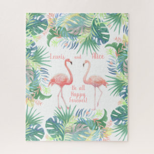 Be all Happy Forever! Fairy Tale Two Pink Flamingo Jigsaw Puzzle